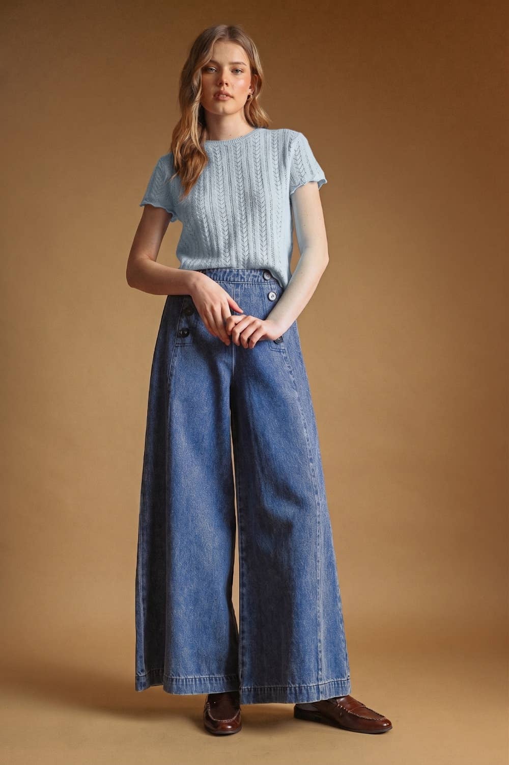 T7460   POINTELLE SHORT SLEEVE KNITTED TOP: OLD DENIM / L