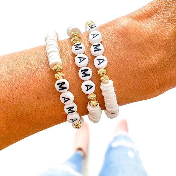 Mama Heishi Bracelets: White/Black Letters