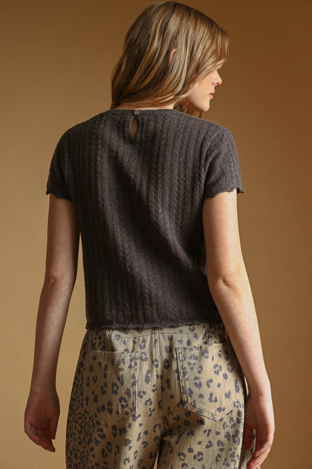 T7460   POINTELLE SHORT SLEEVE KNITTED TOP: OLD DENIM / L