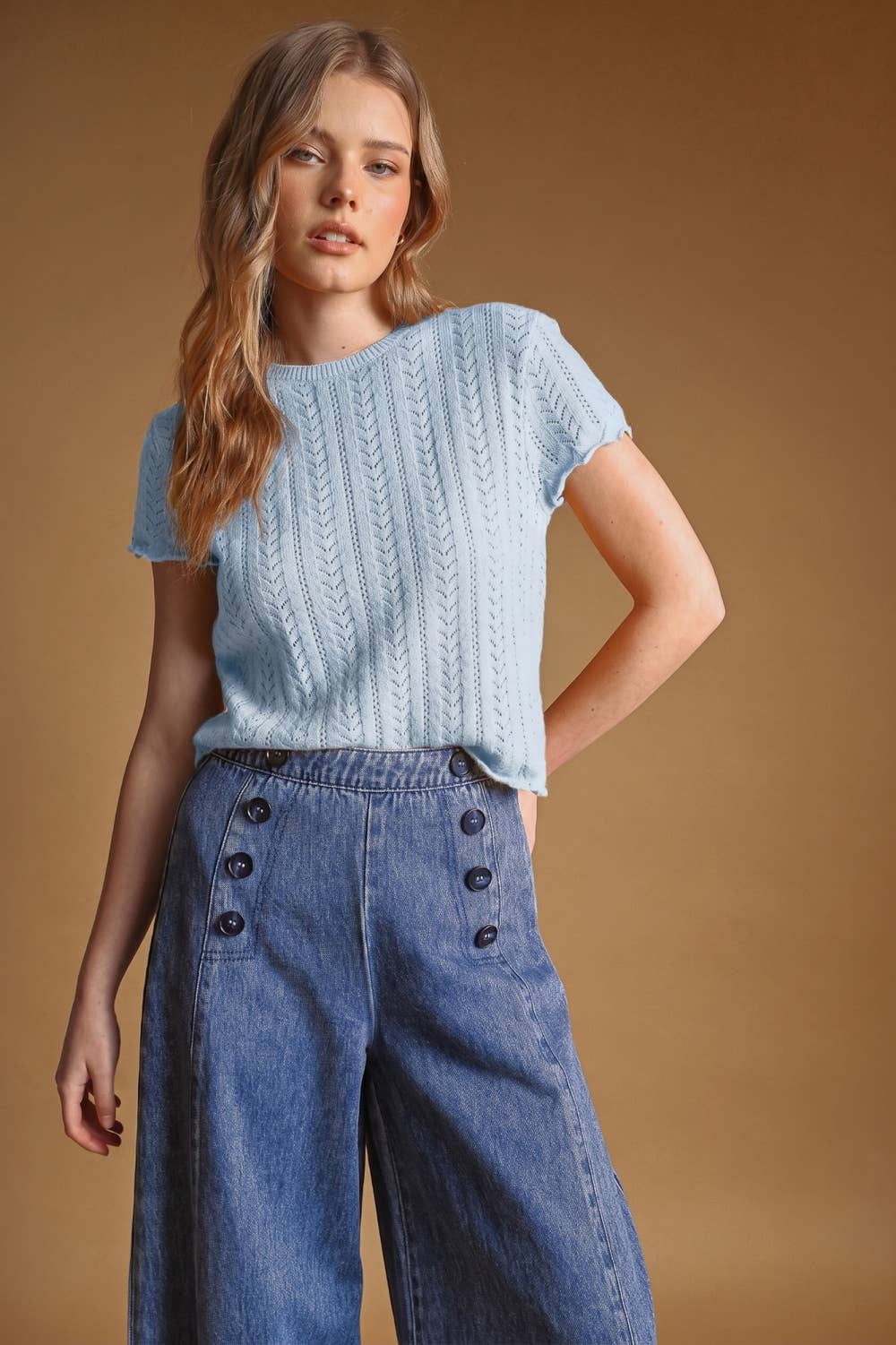 T7460   POINTELLE SHORT SLEEVE KNITTED TOP: OLD DENIM / L