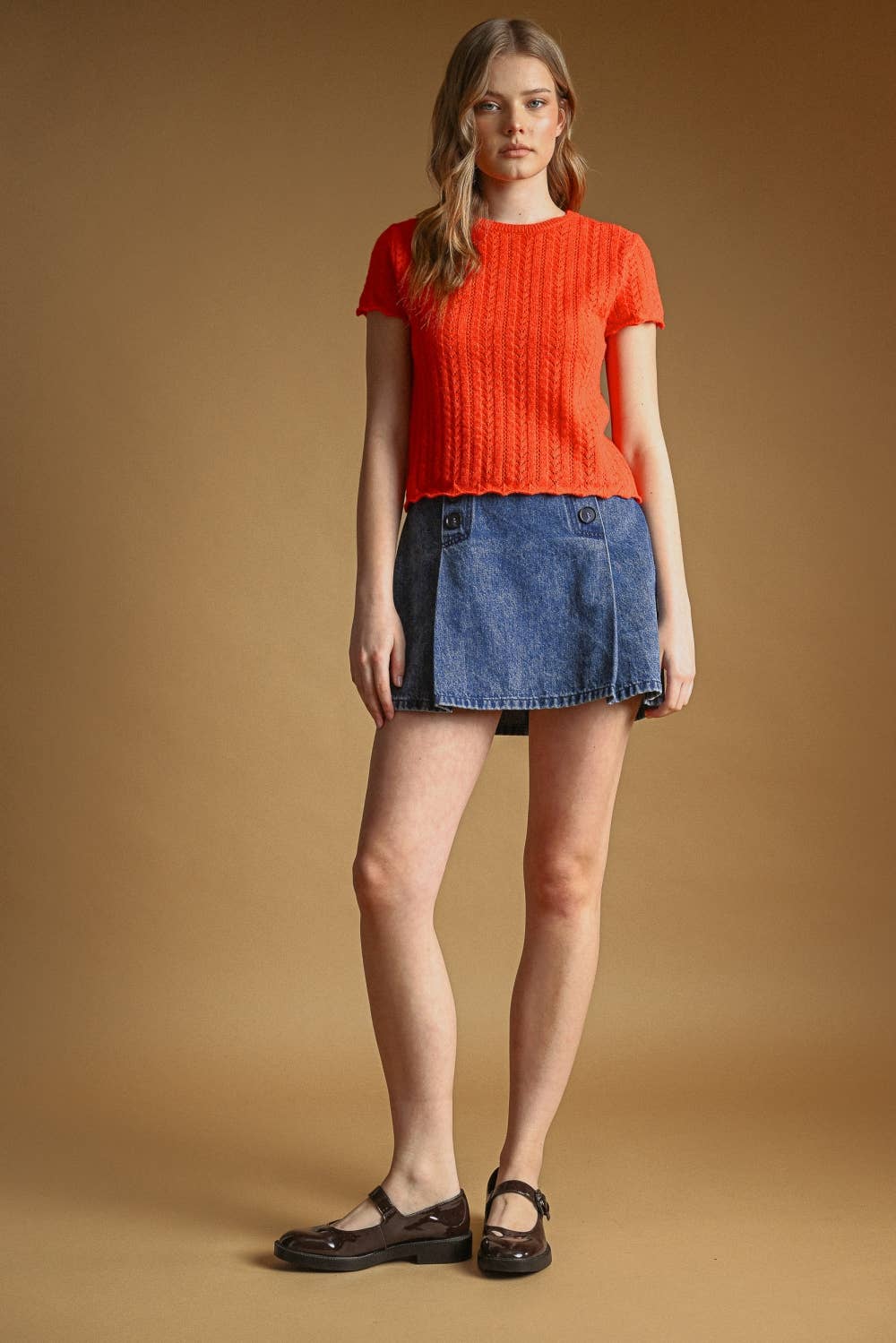 T7460   POINTELLE SHORT SLEEVE KNITTED TOP: OLD DENIM / L