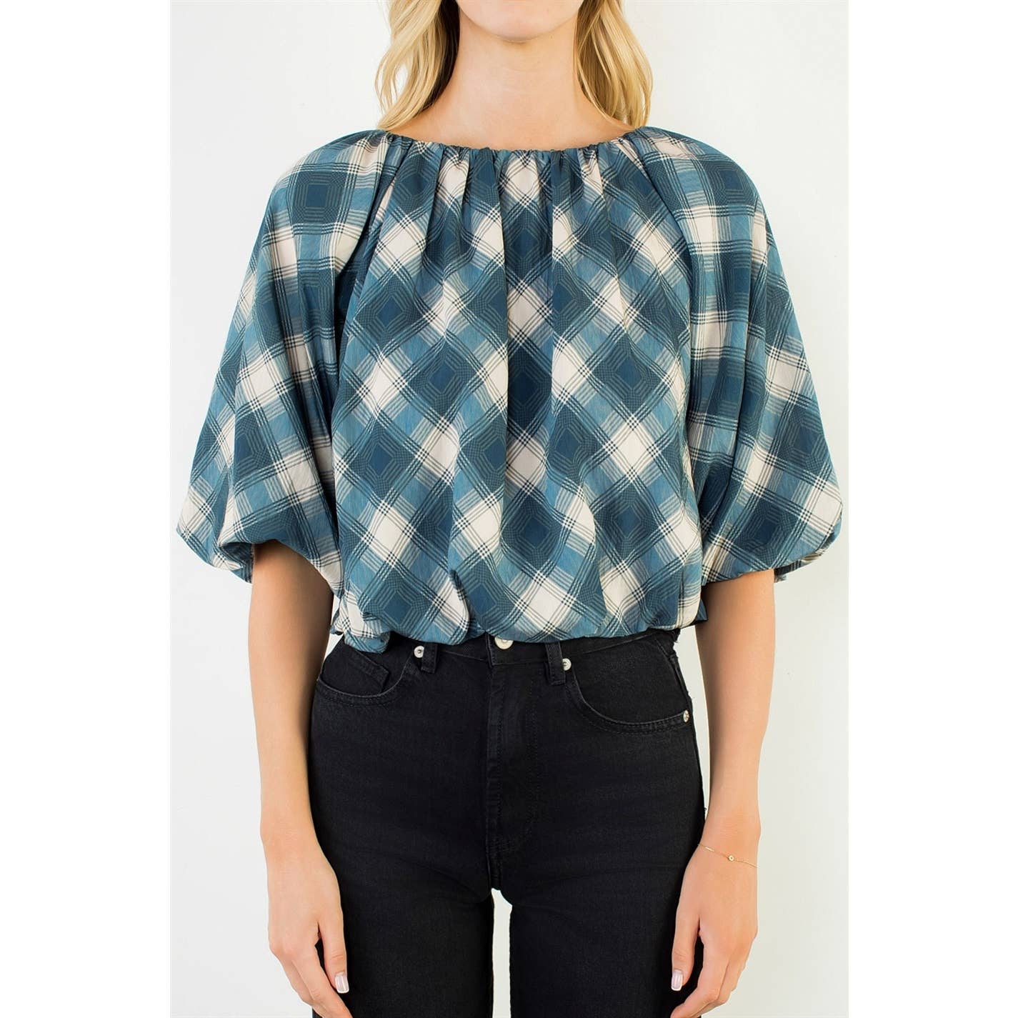 Flowy Cinched Plaid Top: BLACK / XS-S-M-L(1-2-2-1)