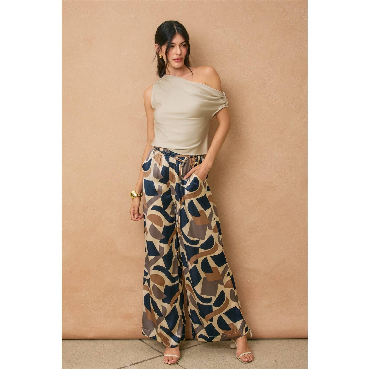 The Jenna Satin Asymmetrical Shoulder Top