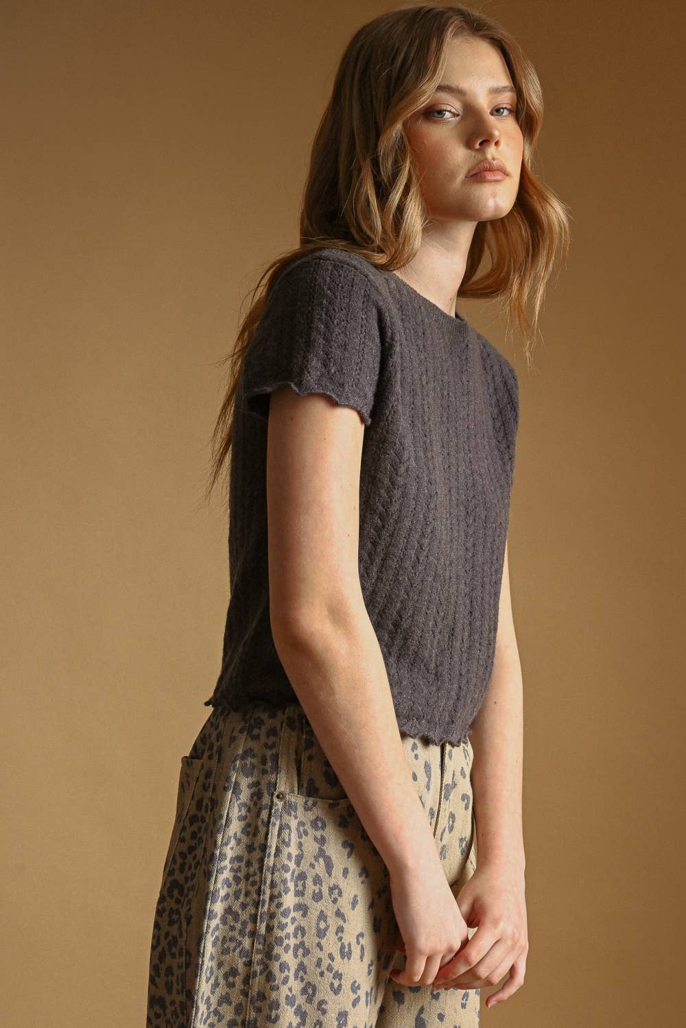 T7460   POINTELLE SHORT SLEEVE KNITTED TOP: OLD DENIM / L