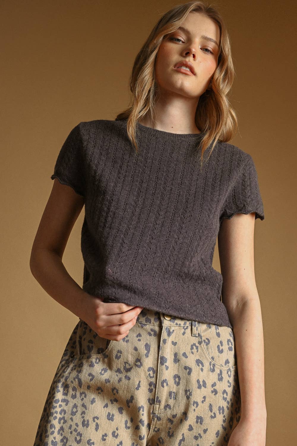 T7460   POINTELLE SHORT SLEEVE KNITTED TOP: OLD DENIM / L