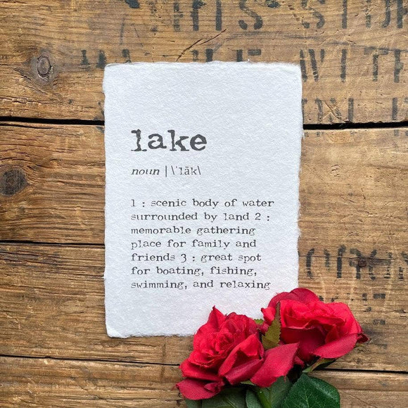lake definition print in typewriter font on handmade paper
