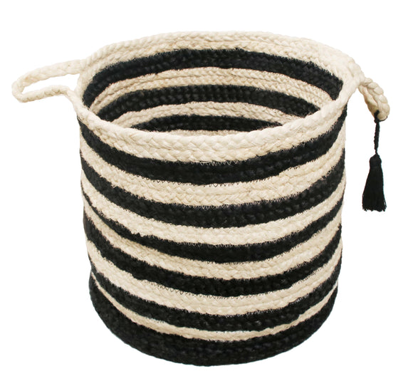 Striped Off-White Jute Storage Basket with Handles